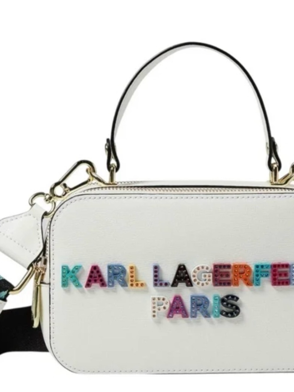 Karl Lagerfeld White Leather Crossbody with Multicolor Logo Studs